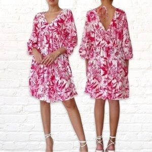 H&M Floral V-Neck Mini Dress Size Small Hot Pink White